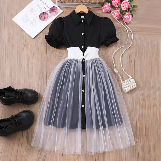 Teen Girl Dress Summer Black Retro Short Sleeve Children Dresses Fashion Girl Costume Party Big KIds Outfit 7 8 9 10 11 12Yrs