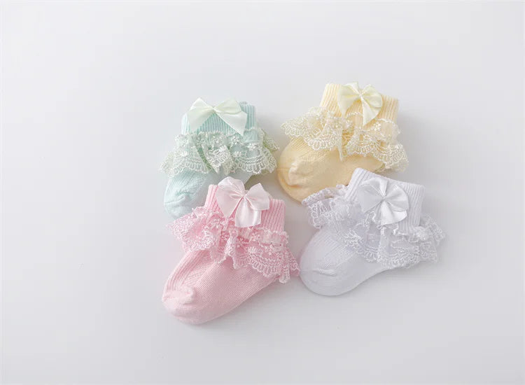 Lawadka 4Pairs/set Infant Girls Socks Cotton Lace Bow Newborn Baby Socks For Girls Beauty Princess Sock Spring Autumn 0 to 24M