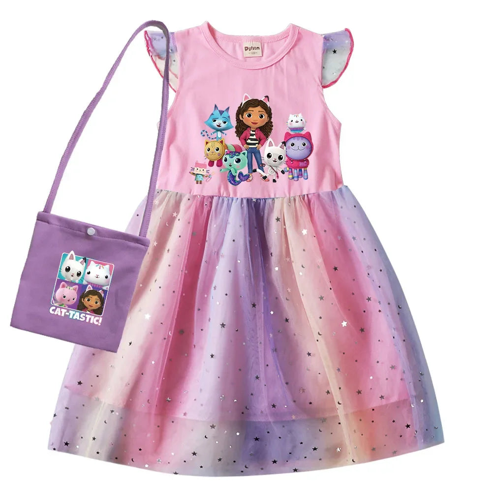 2024 Girls Summer Dresses Gabbys Dollhouse Girls Cat Tastic Costumes Kawaii Kids Birthday Party Princess Dress with Headwear Bag