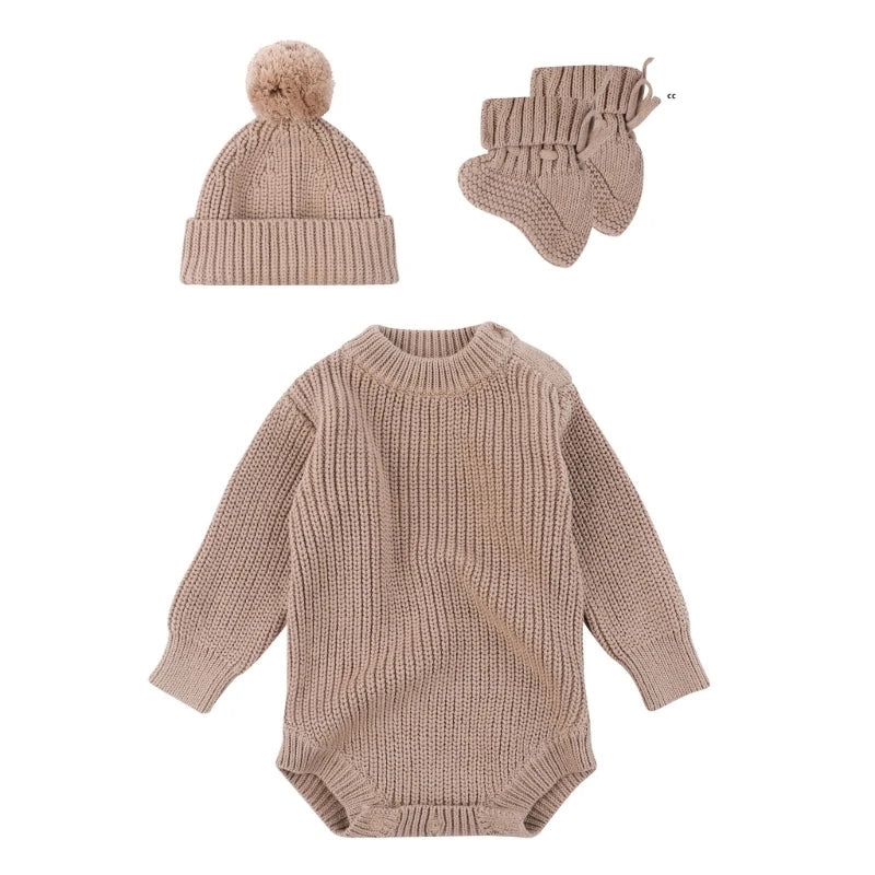 Cosy Infant Knitwear Soft & Comfortable Baby Jumpsuit Set with Matching Bonnet Hat and Booties Socks for Daily Comfort