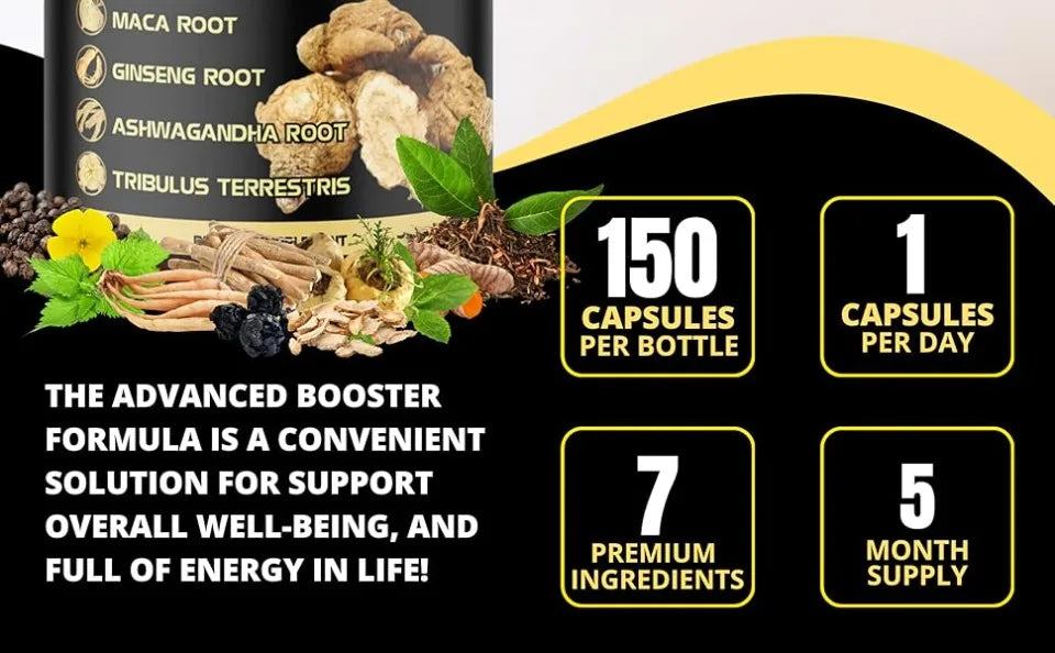 Maca Root Capsules 7-in-1 with Ashwagandha, Ginseng, Tribulus, Shilajit, Shatavari & Black Pepper, Extra Strength, 150 Count