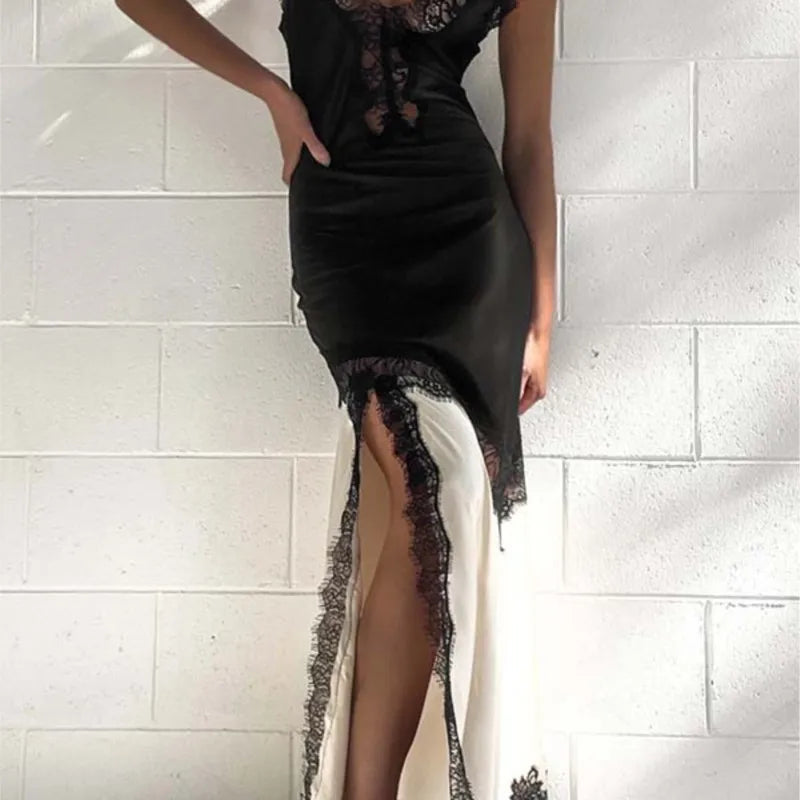 Chic Contrast Lace Embroidery Sling Dress Woman Sexy V Neck Hollow Slit Long Dress Summer New Sleeveless Irregular Evening Dress