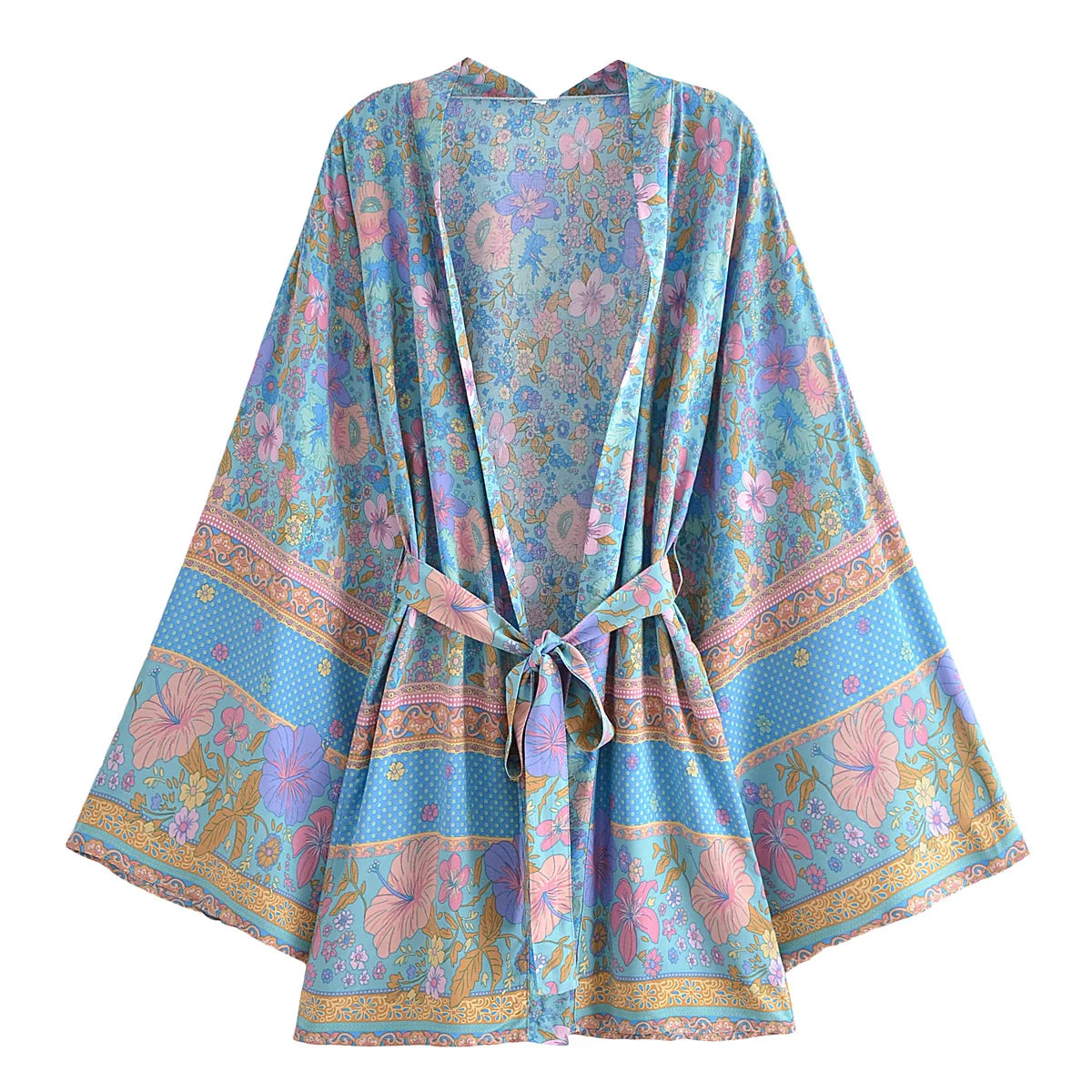 BOHO Women Blue With Pink Flower Print Kimono Shirt Holiday Tide Bow Sashes Mid Long Cardigan Summer Blouse Beach Cape