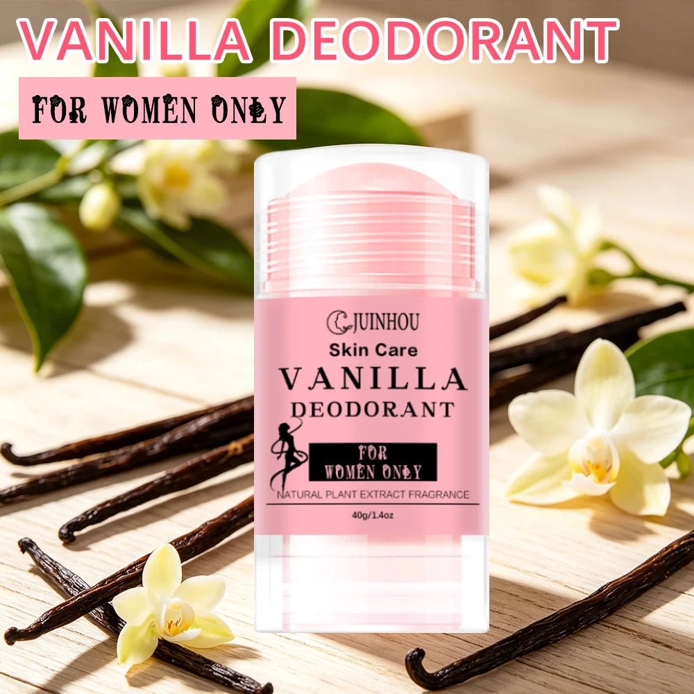 JUINHOU 40g Solid Deodorant Stick Vanilla Aroma Plant Based Mild Formula Portable Odor Control Stick Smooth Skin For Men Women