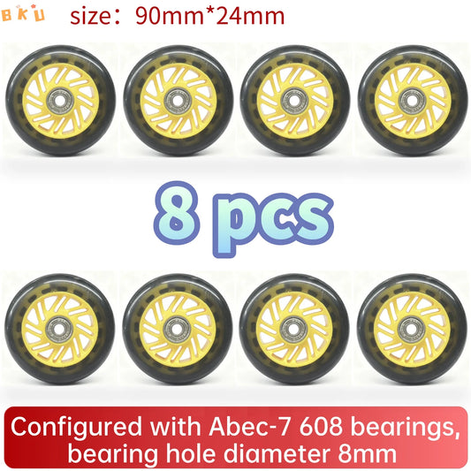 8pcs Universal 90mm PU Wheels for Inline Skates Luggage Stroller with ABEC-7 608 Bearings 12 Color Variants 8mm Inner Hole