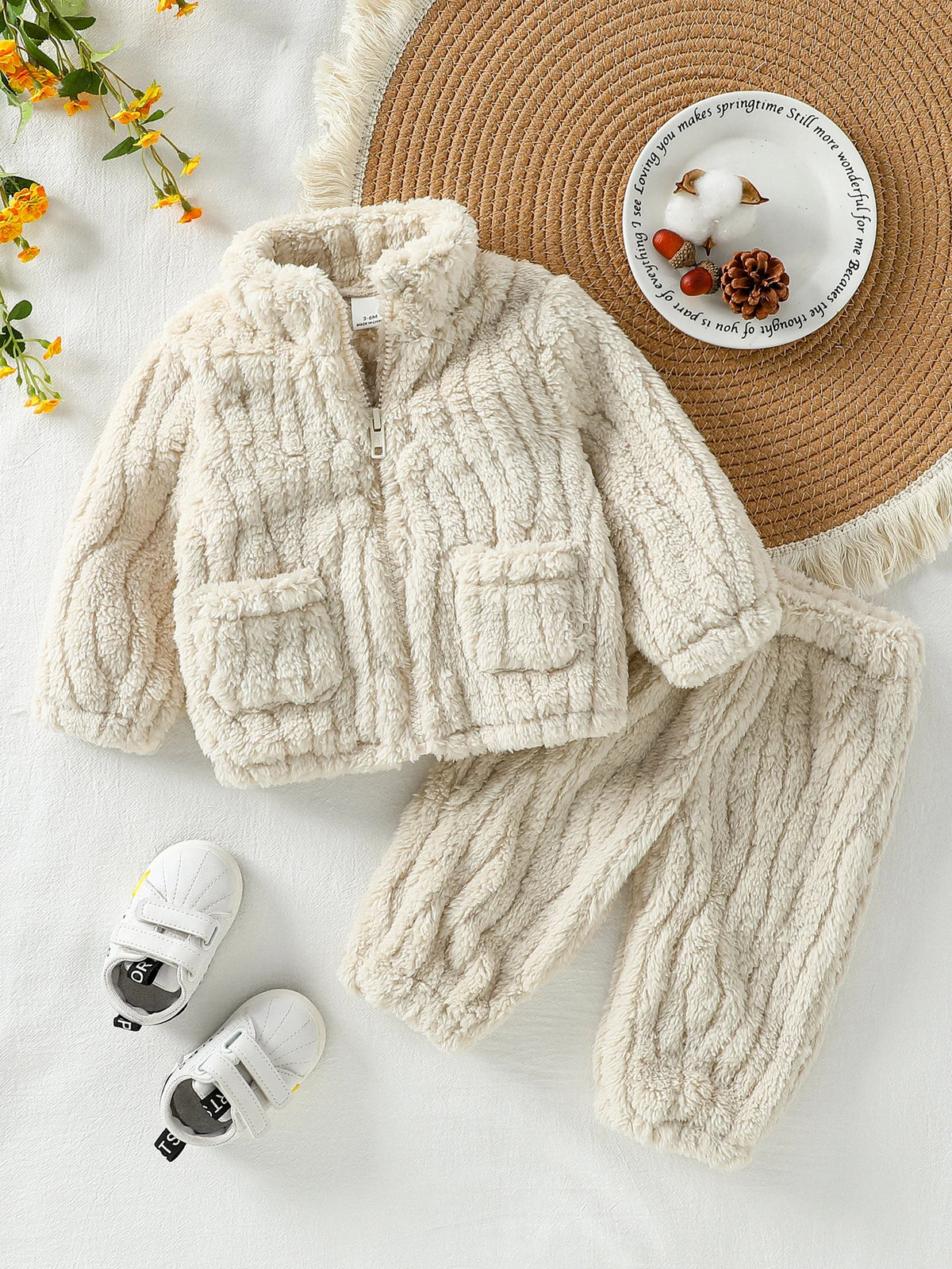 2025 New Casual Autumn /Winter Boys/Girls Long Sleeve Solid Warm Plush Sets For 1-3Y Zip-Up Coat Outfits Clothing Suit