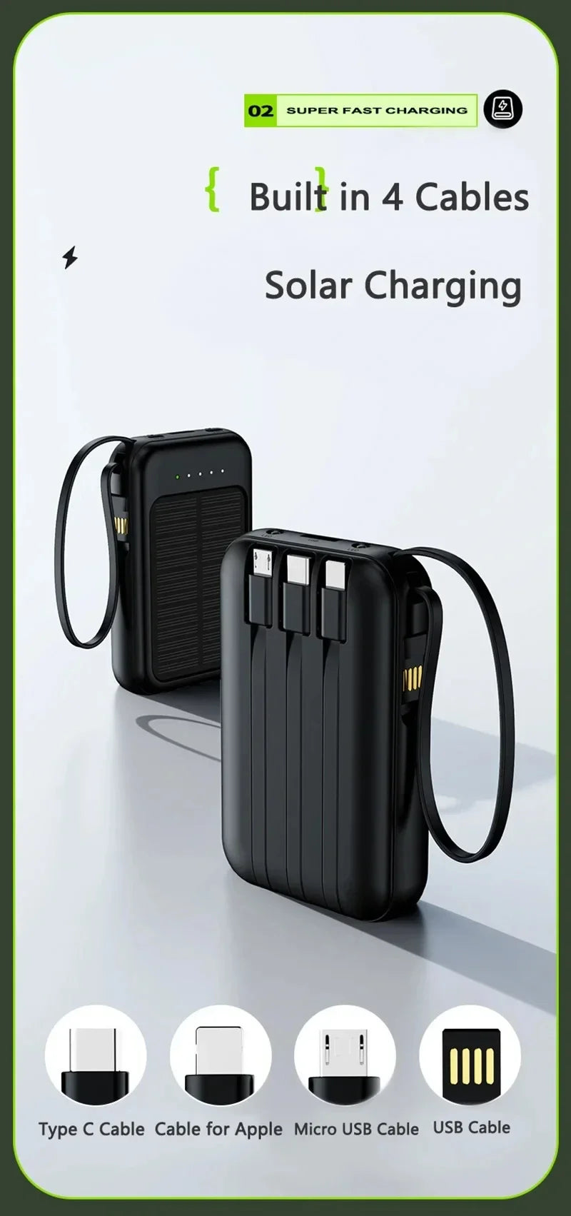 50000mAh High Capacity Solar Power Bank Built in Cable Solar Charger 2-USB Ports External Charger Power Bank LED Light 2026 New