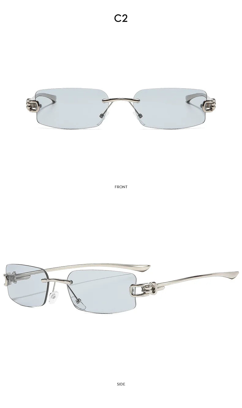 SO&EI Ins Popular Fashion Rectangle Rimless Sunglasses Women Retro Clear Ocean Lens Shades UV400 Men Trending Sun Glasses