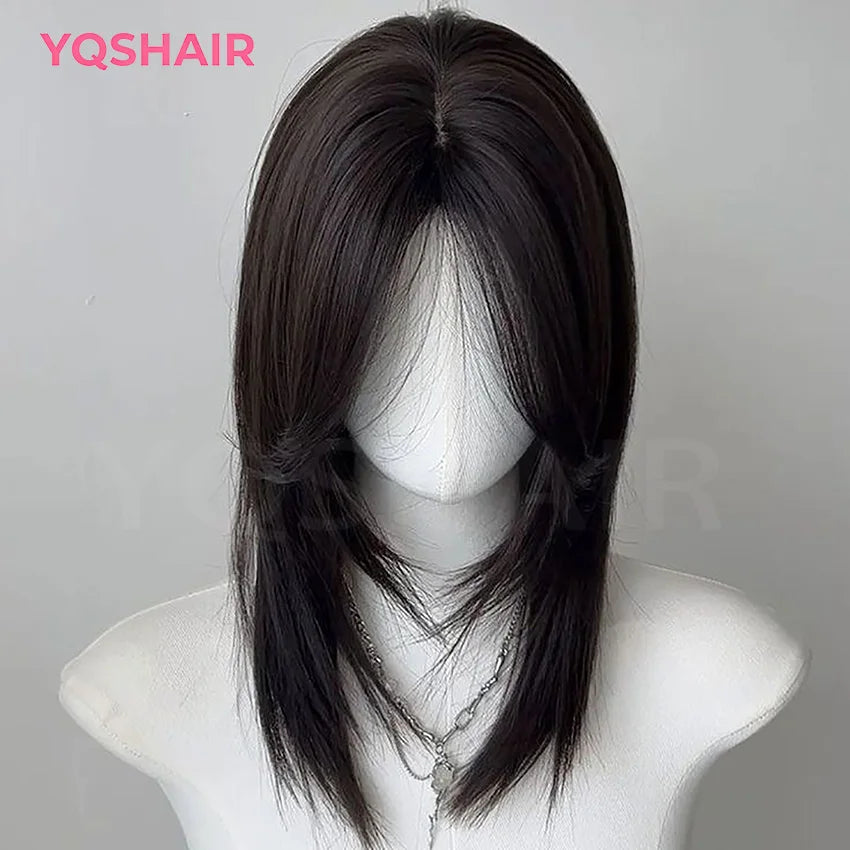 2# Dark Brown with Bangs 6x6“ Silk base Top Wig Glueless for Women 24inch Remy 100% Human Hair Wigs with Elastic Net PU Around