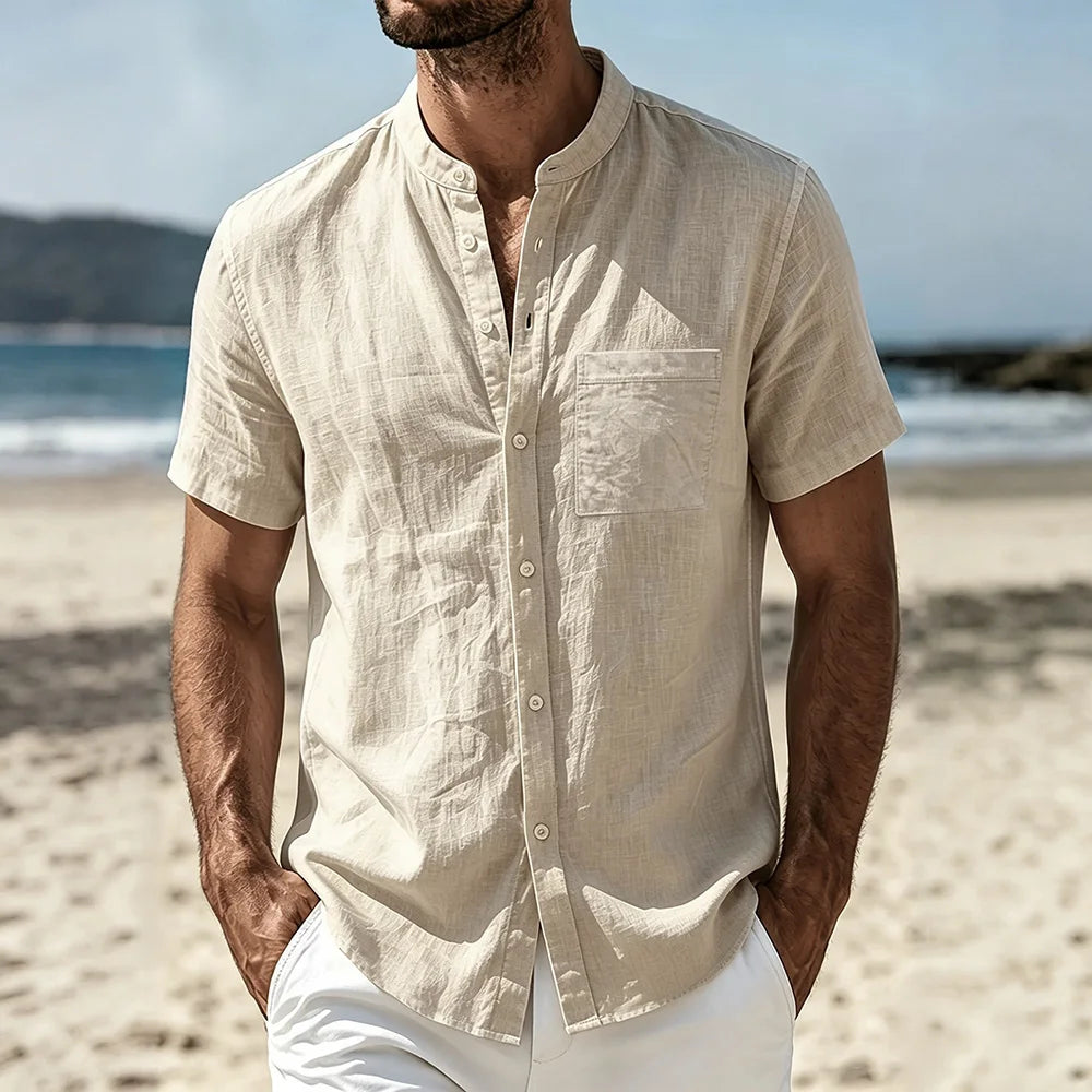 Men's Cotton Linen Shirt Summer Lightweight Breathable Short Sleeve Henley Neck Casual Shirts Male Vacation Beach Style Tops