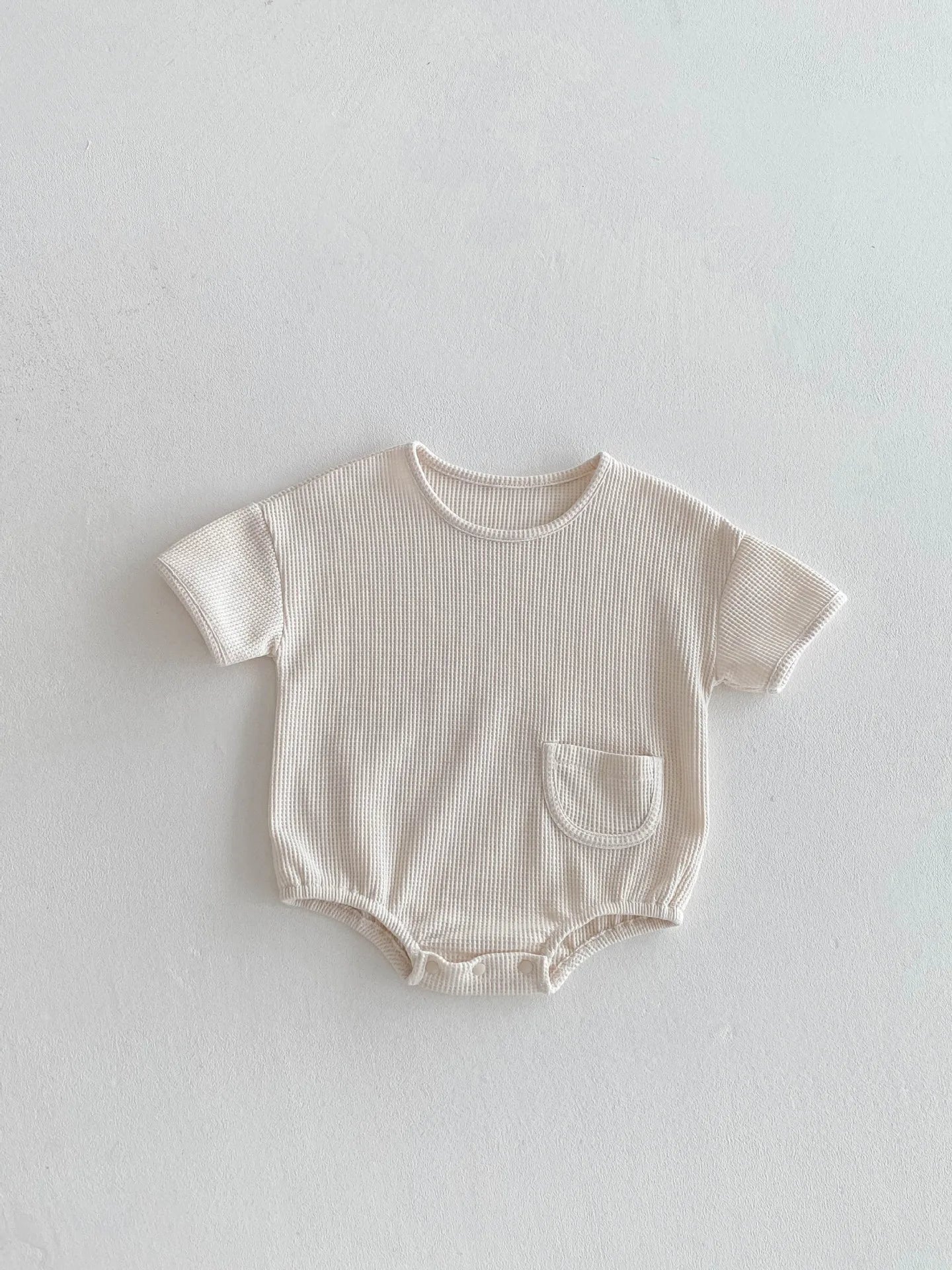 New Korean Style Baby Summer Cotton Simple Comfortable Short - Sleeve Waffle - Knit Onesie with Small Pocket Decoration Romper