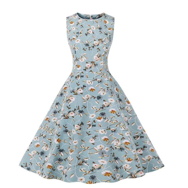 Sleeveless Floral Print Summer Dress Women Elegant Vintage Casual O Neck A Line Midi Party Sundress Vestidos With Belt
