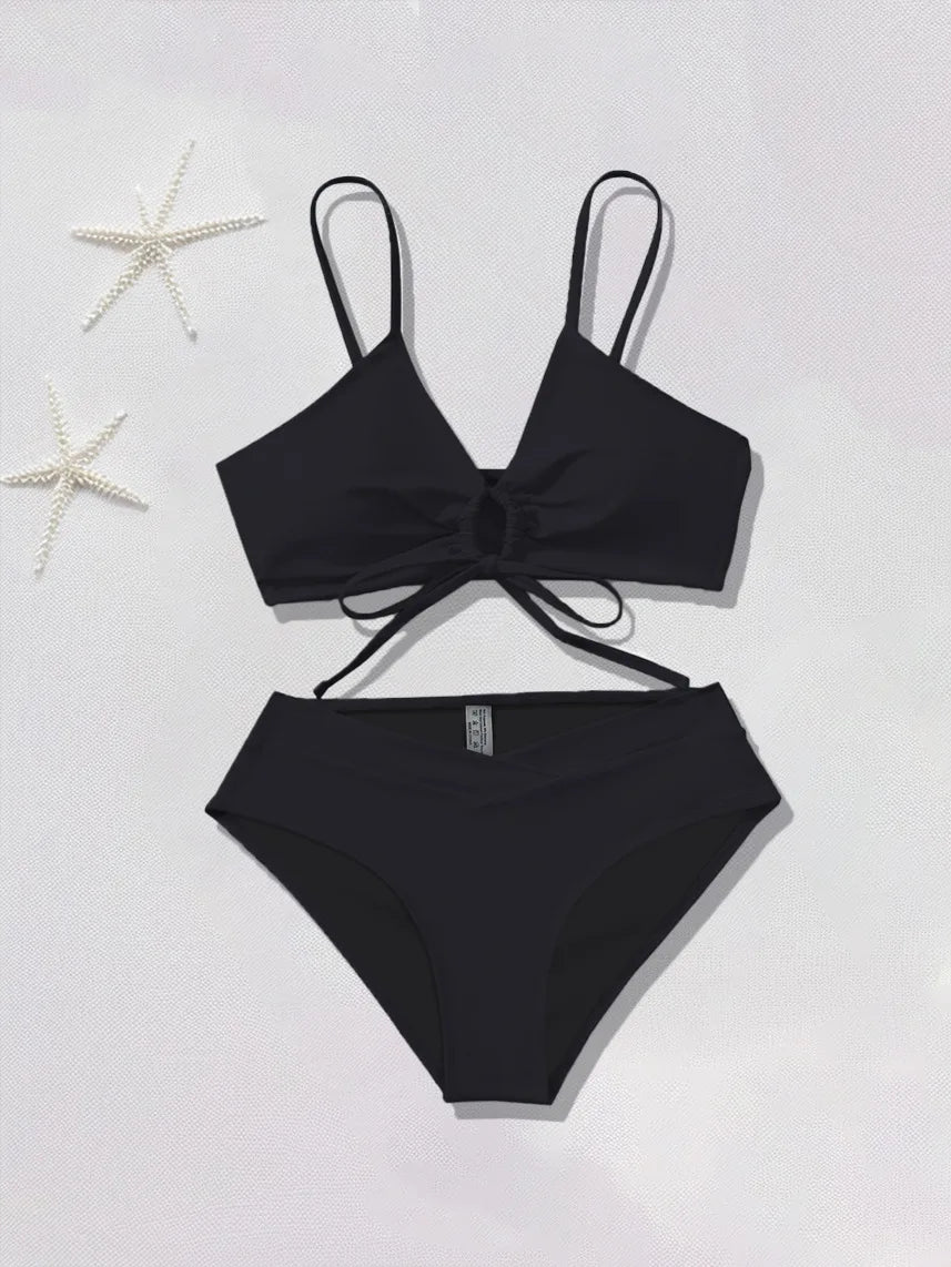 Sexy Bikini Set Women Adjustable Lace Up Solid Color Two Piece Swimsuit 2026 Summer Beach Bathing Suit Fashion New Beachwear
