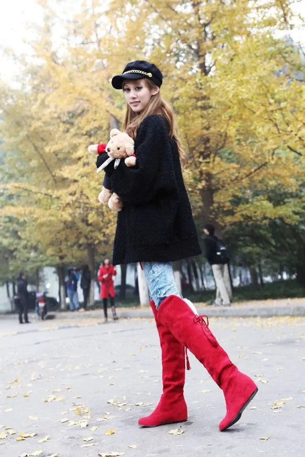Sexy Womens Boots Faux Suede Over The Knee Flat Warm Boots Comfortable Thigh High Boots Lace-up Woman Winter Shoes High Quality