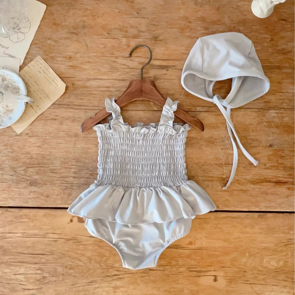 2024 Summer Newborn Infant Suit Kids Swimsuits Baby Girls Solid Color Suspenders Pleated Swim Dress+Shorts+Hat Todder 3Pcs Set