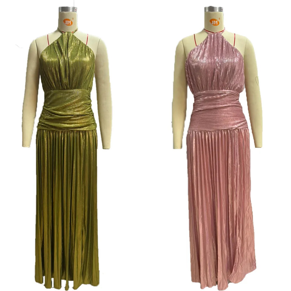 Gold Halter Neck Evening Dress Woman Chic Solid Color Pleated Backless Package Hip Slit Dress Fashion Trendy Lady Party Vestidos