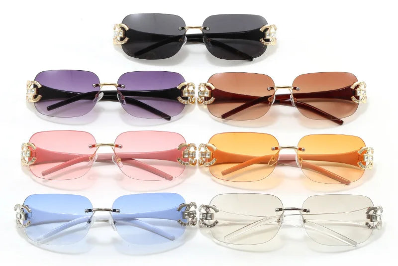 Sexy Popular Ins Rimless Square Sunglasses for Women Luxury Brand Design Diamond Punk Sun Glasses Cute Pink Shades Girls Eyewear