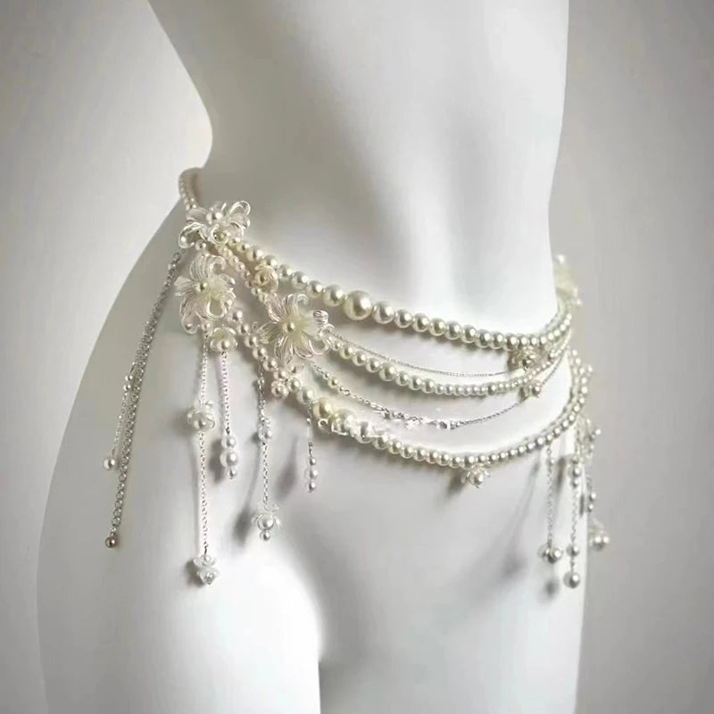 Sexy Geometric Pearl Waist Chain For Women Flower Tassel Double Layer Beads Chain Belt Streetwear Summer Fashion Body Jewelry