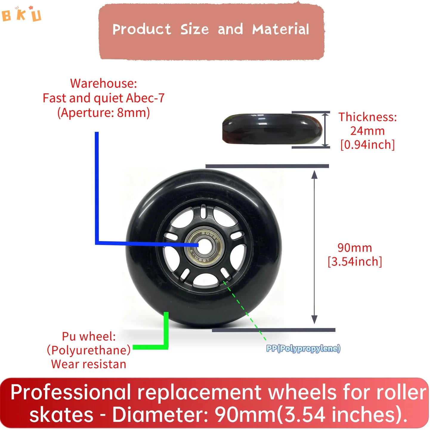 8pcs Universal 90mm PU Wheels for Inline Skates Luggage Stroller with ABEC-7 608 Bearings 12 Color Variants 8mm Inner Hole