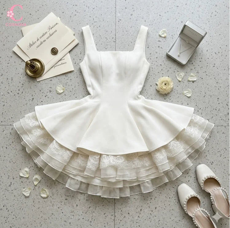Elegant Sweet Princess Sleeveless Waist Tight Women White Summer Dresses Lace Ruffle Hem Party Dress Female Chic Popular Clothes