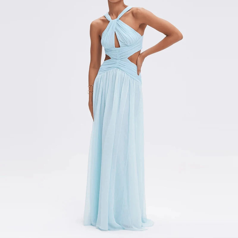 Elegant Lady Backless Slim Fit Evening Dress Fashion Hollowed Out Sleeveless Cocktail Dress Blue Off Shoulder Pleated Long Dress