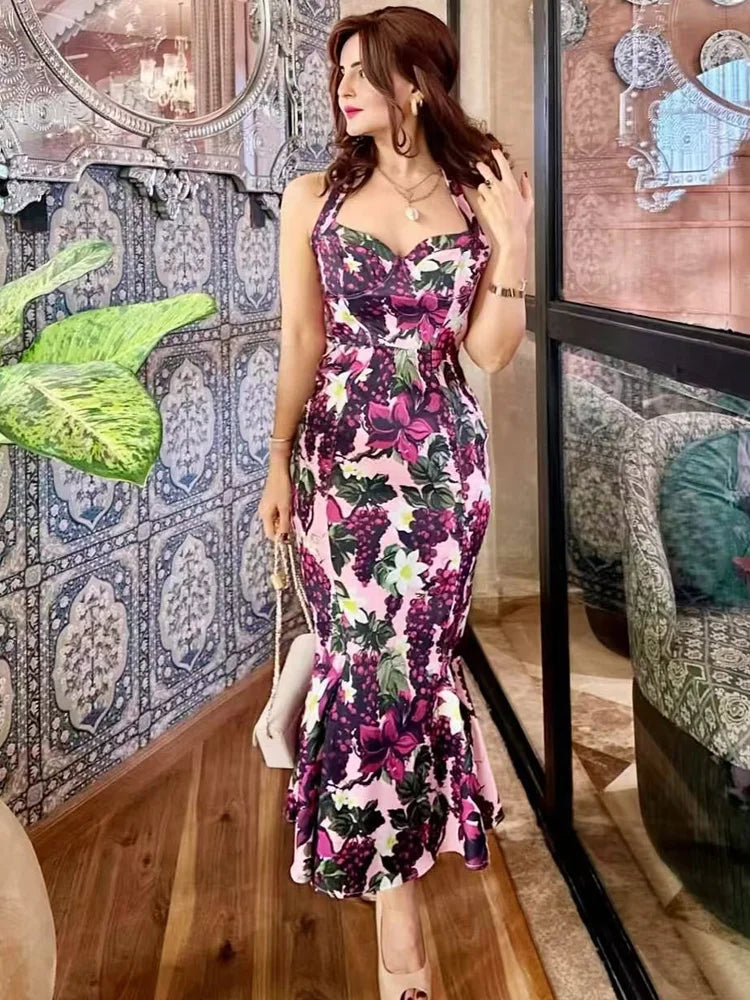 HXAO Women's Dress Fruit Print Slip Dress Summer 2025 Print Long Dresses Luxury Cocktail Dress Chic Sleeveless Backless Vestidos