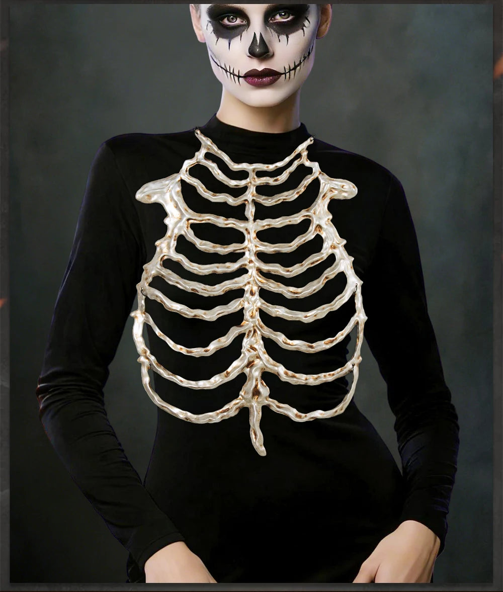 2026Halloween 3D Skeleton Ribcage Chest Piece Fake Bones Polyester Costume Prop for Horror Masquerade Party Makeup Accessories
