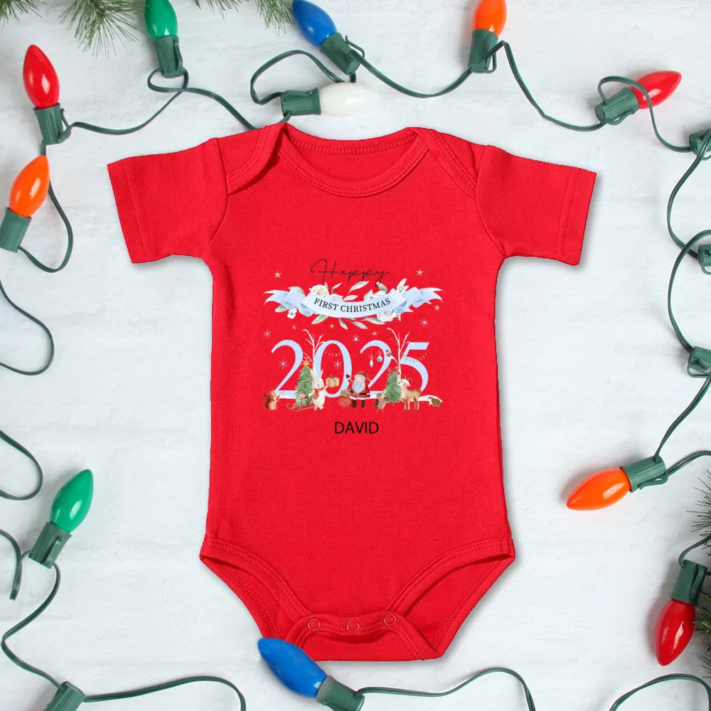 My First Christmas Outfits Custom Baby Name 2025 Christmas Rompers for Babies Cotton Unisex Short Sleeve Xmas Bodysuit