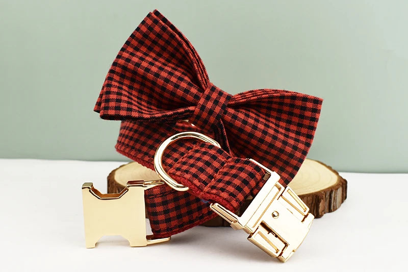 Plaid Dog Collar Designer With Bow Tie Custom Dog Accessories Luxury Pet collar leash set