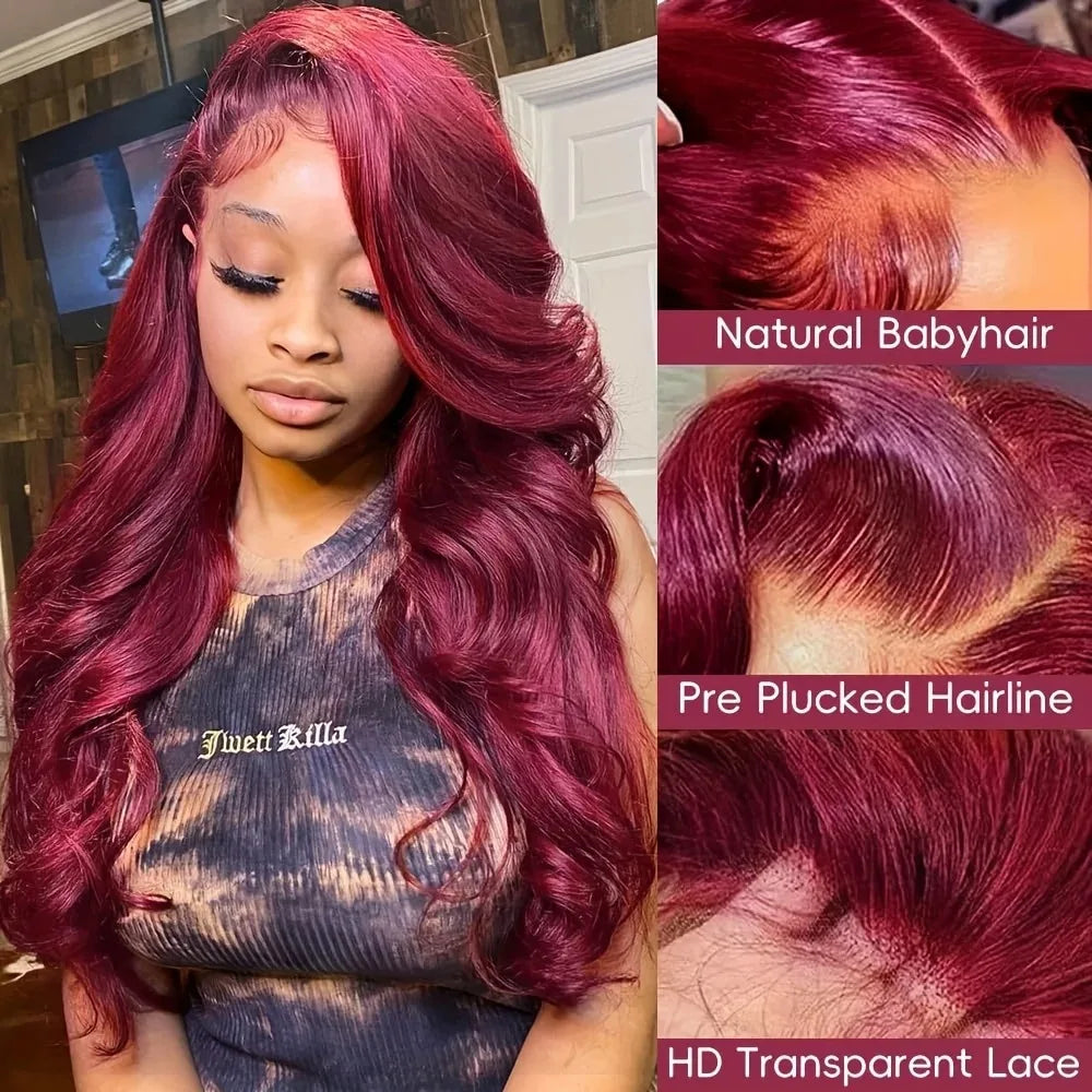 28 Inch 13x4 Burgundy 99J 200 Density Body Wave Lace Frontal Wigs Transparent Lace Pre plucked Human Hair wigs For Women