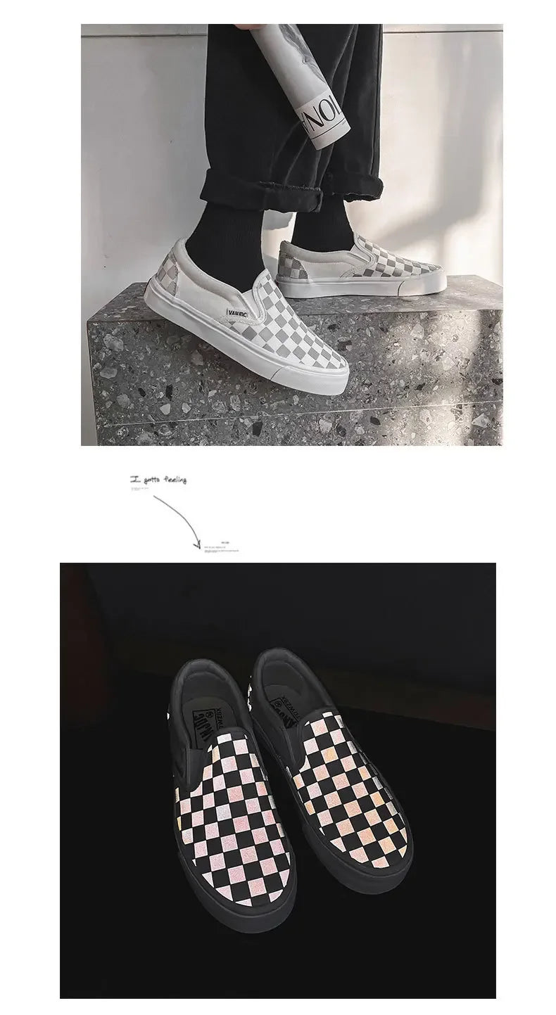 Black White Plaid Canva Women's Shoes Student Vintage Hong Kong Style Versatile Flat Shoes Korean Version Harajuku Casual