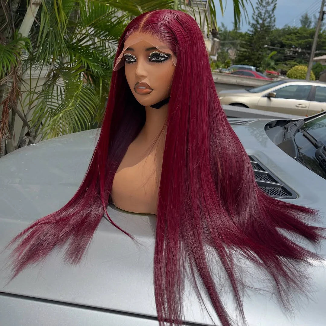 99J Red Burgundy Color Straight 13X4X1 HD Full Lace Frontal Wigs For Women Preplucked With Baby Hair Heat Resistant Fiber  Soft