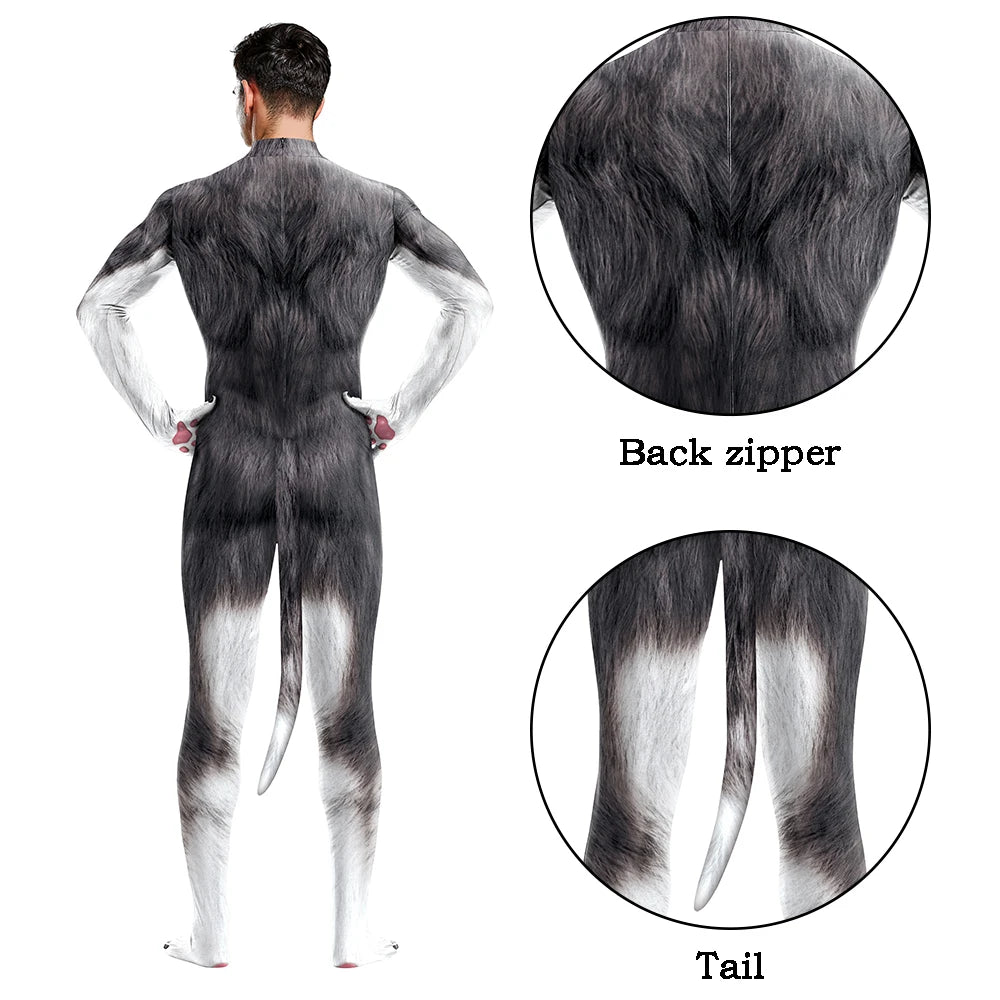 Halloween Cosplay Costume Male Adult Full Cover Elastic Zentai Pet Suit Jumpsuit Print Catsuit Bodysuits with Tail Purim Clothes
