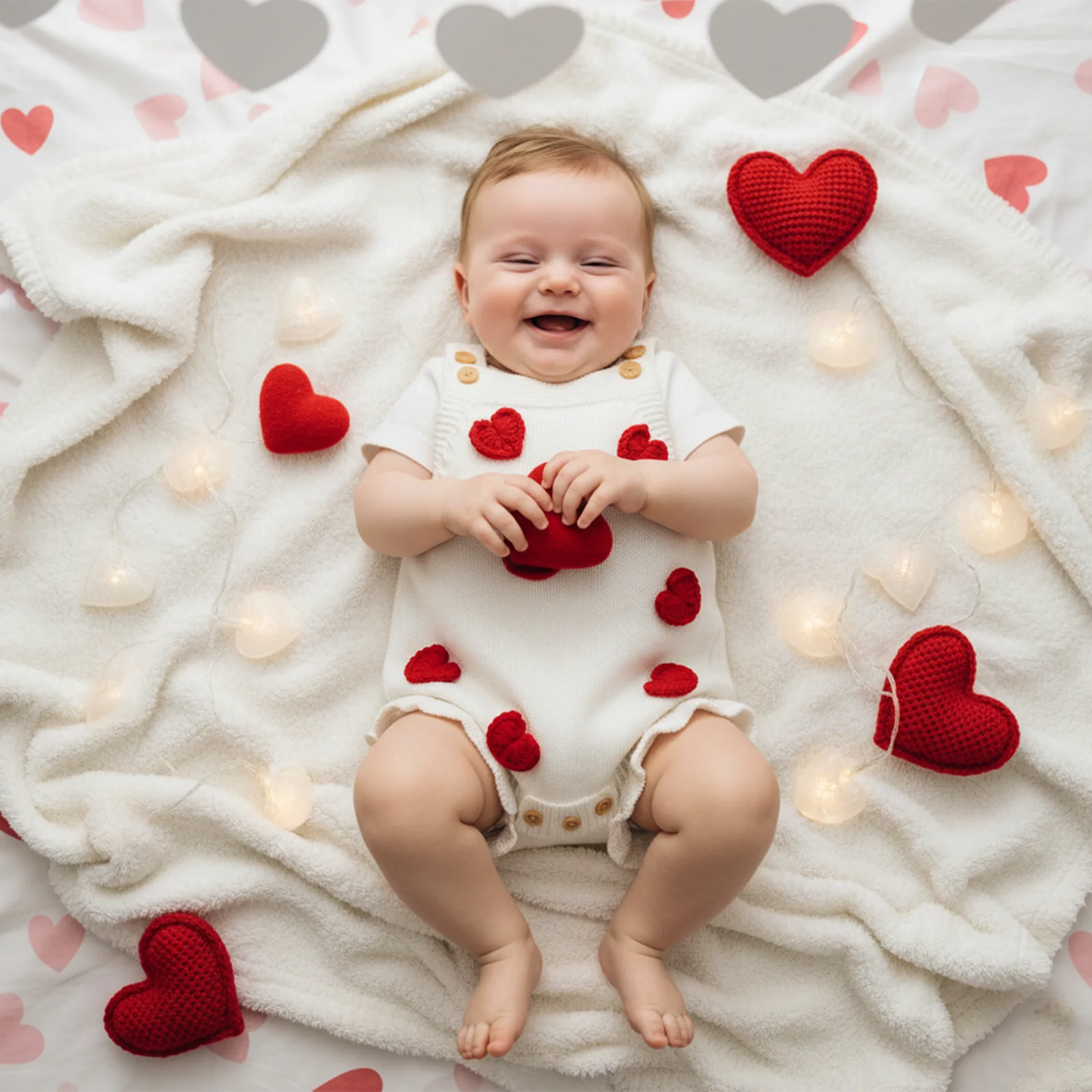 Baby Girl Valentine’s Day Romper Sleeveless Square Neck Heart Bodysuit Newborn Knit Overalls