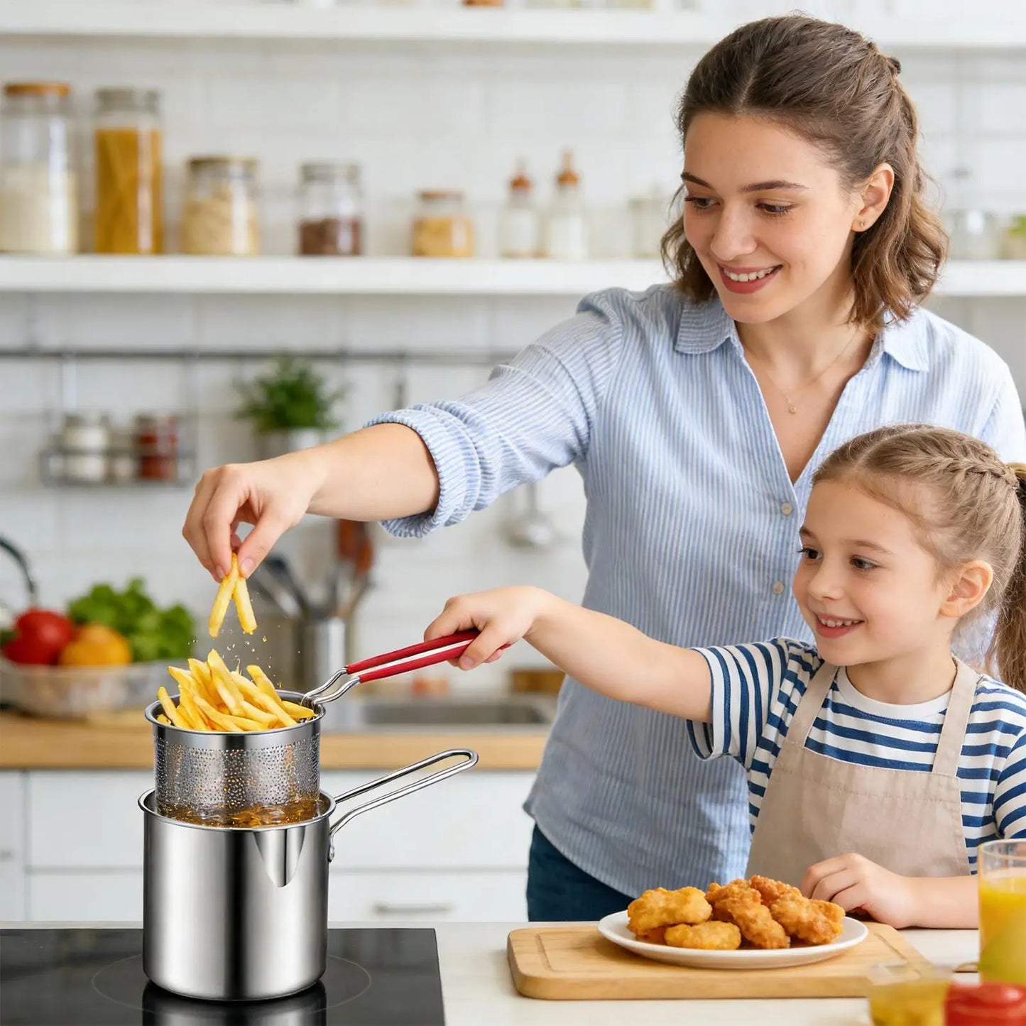 Stainless Steel Deep Fry Pot Space-Saving Fryer Multi-Use Cooking Pan For Chicken Wings French Fries, Home Kitchen Restaurant RV