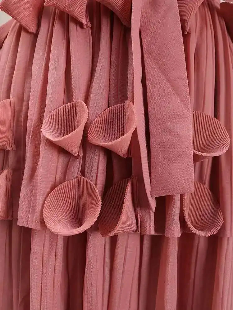 LANMREM Pleated Appliques Long Dresses For Women Round Collar Lace-up Full Sleeve Evening Party New 2025 Lady Dress 32S1173