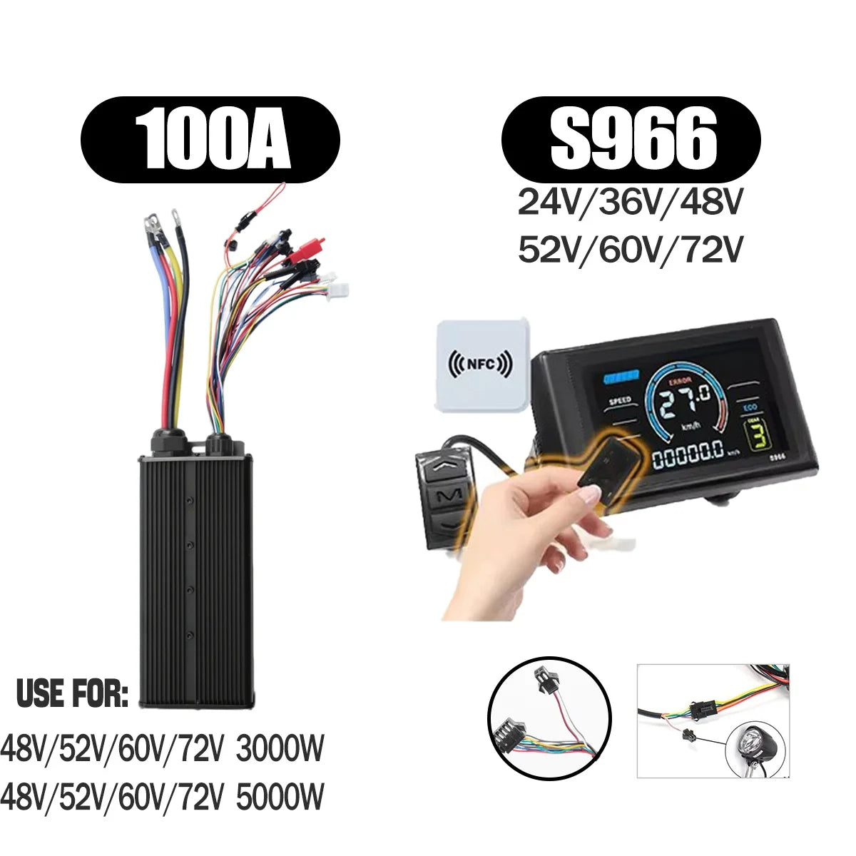 Ebike Sine Wave Display Controller 100A Three-Mode 48V52V60V72V with Learning Function UKC1 LCD Color Display 3000W5000W Motor