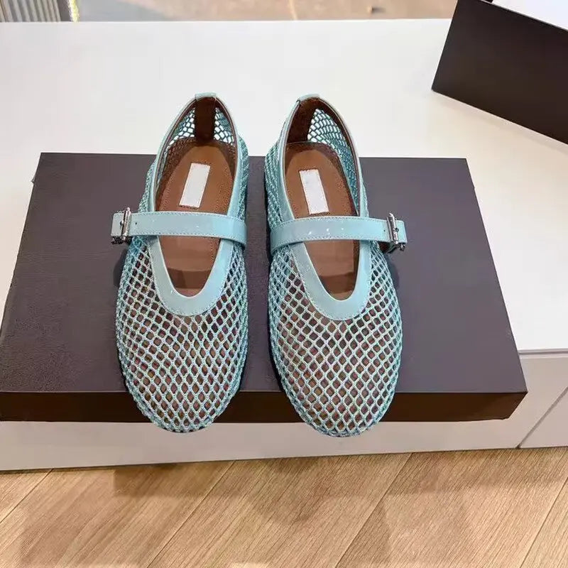 Designer brand original mesh buckle ballet sandals with women's hollow flat bottom Mary Jane mesh fishing net shoes
