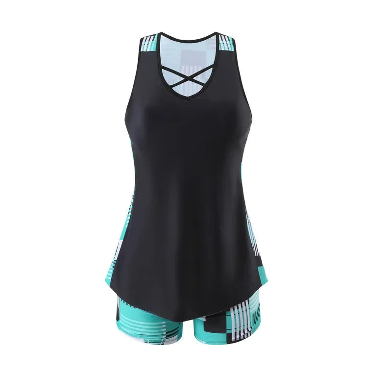 New Large Size Quick Dry Women's Shorts Strap Conservative Separate Bikini Swimsuit Flat Angle Vest Two Piece Swimwear Set