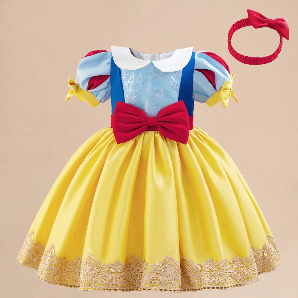 Snow White Princess Gown Girls Cosplay Party Dress Baby Girl Yellow 2pcs Summer Dresses Kids 1st Birthday Gifts Formal Costume