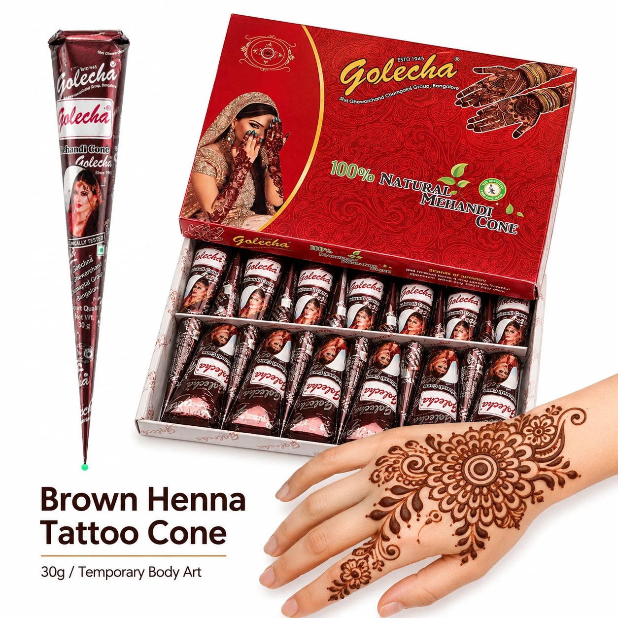 GOLECHA Brown Henna Temporary Tattoo Paste 30g Mehndi Henna Cone For Faux Freckles Hand Drawing Natural Brown Skin Stain