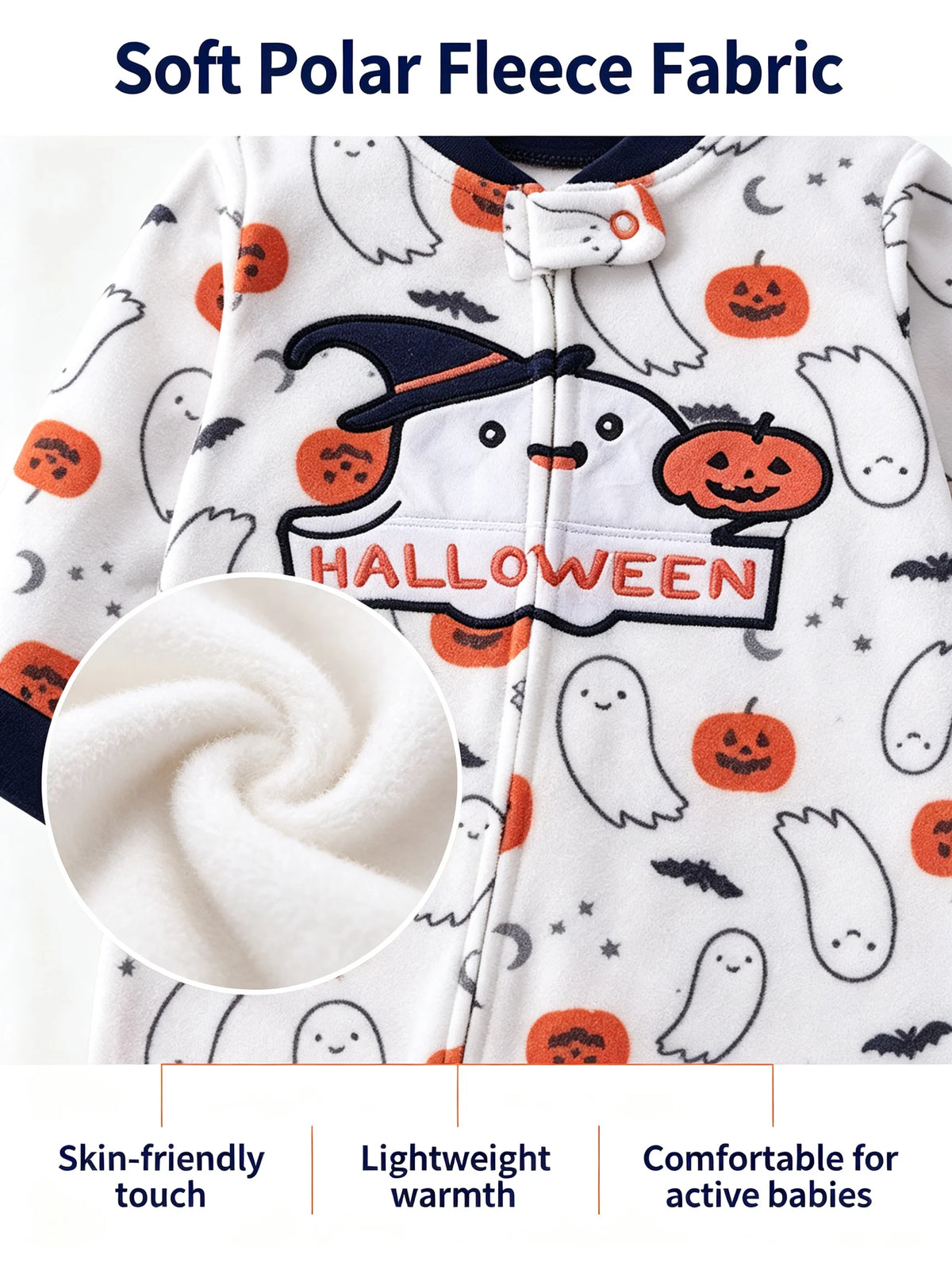 Halloween Baby Romper Polar Fleece Long Sleeve Full Zipper Infant Jumpsuit Ghost Pumpkin Print Footless Toddler Clothes 6-24M