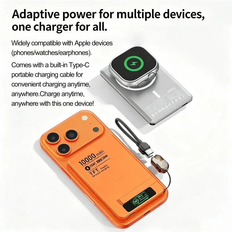 5000/10000mAh Slim and Portable Magnetic Power Bank with Bracket TFT Digital Display Wireless Fast Charging for Phones Watches