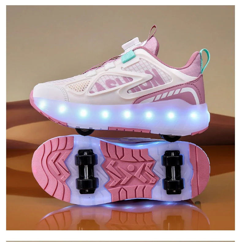 Children's Roller Skate Shoes 4-Wheels Removable Wheeled Rolling Shoes for Kids with LED Light Inline Skate Sneaker