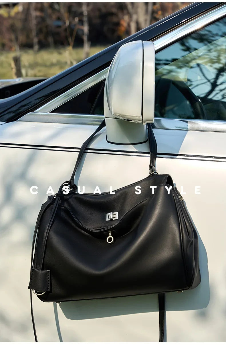 2025 New Luxury Tote Bag for Women Genuine Split Cow Leather Crossbody Shoulder Bag Top-Handle Work Lock Closure Underarm Purse