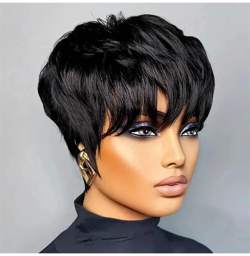 Short Pixie Cut Wig Black Real 100% Human Hair Wigs for Black Women Textured Layered Side Bang Natural Hairline Daily Work Styl