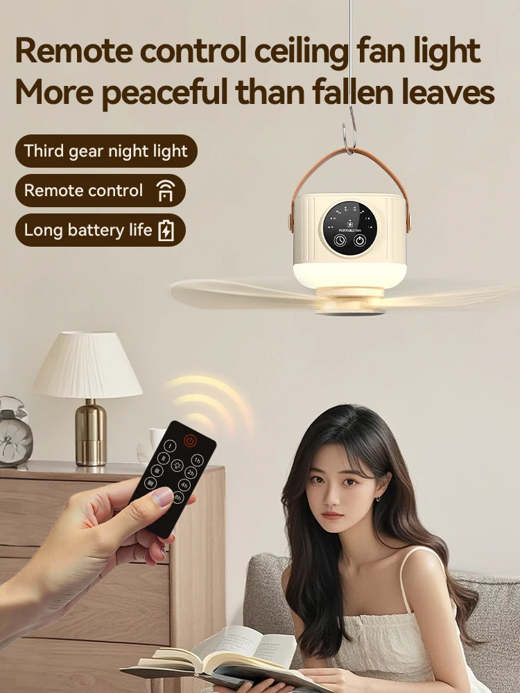 Mini Ceiling Fan, 4 Speeds, LED Screen, 3-Level Night Light, 4 Timers (1-8H), 3600mAh Battery, Remote, Quiet USB Fan for Camping