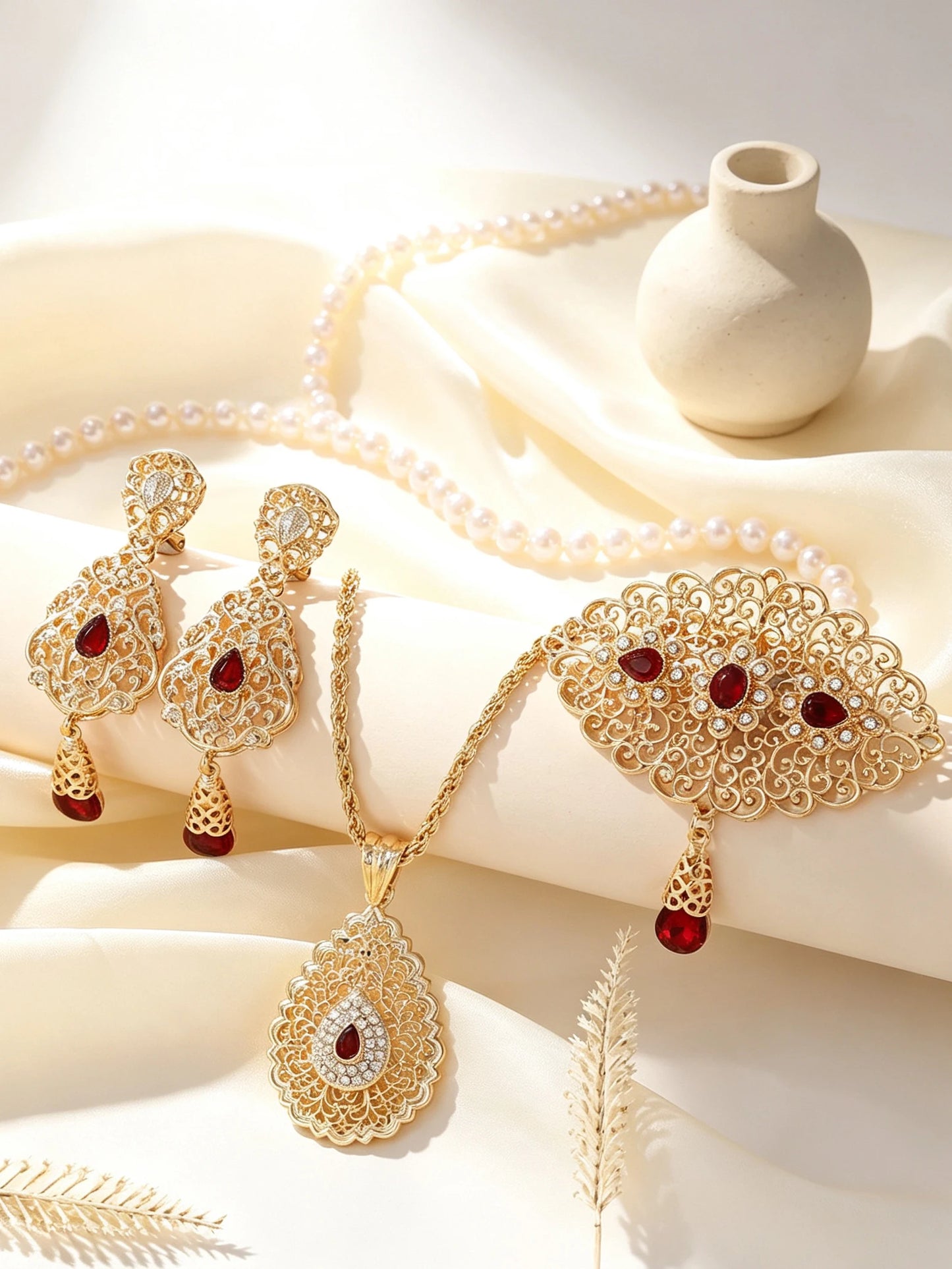 Moroccan Gold Jewelry Set Filigree Pendant Necklace Earrings Brooch For Women Arabic Wedding Party Zinc Alloy Ornament Gift