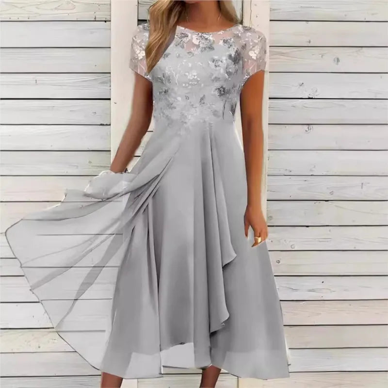 New 2025 Women's Lace Dress for Party Elegant Bride Wedding Dress Plus Size Jewel Neck Knee Length Chiffon Lace Long Party Dress