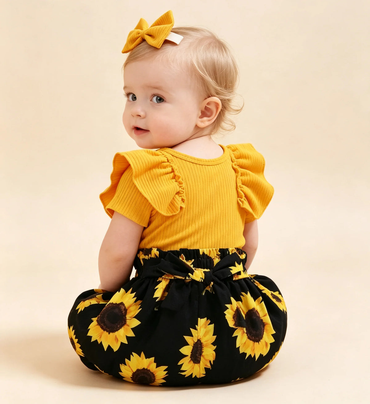 Baby Girl 3pcs Clothes Set Ruffled Romper + Sunflower Print Shorts + Bow Headband Set For Infant Girls